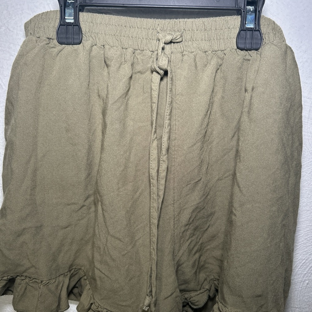 Khaki Ruffle Hem Shorts with Drawstring - Picture 2 of 4